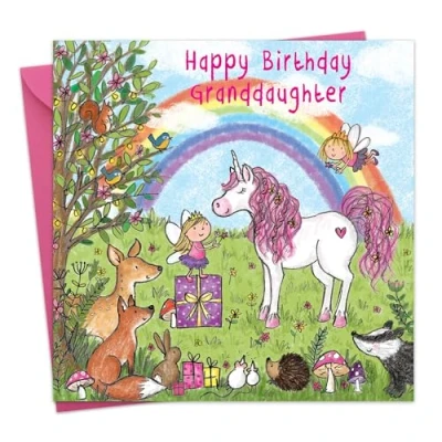 Afbeelding van Twizler Happy Birthday Card voor kleindochter met magische eenhoorn, feeën, regenboog en glitter kinderen Verjaardagskaart meisjes