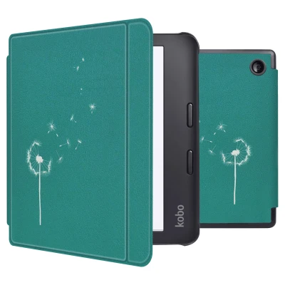 Afbeelding van Kobo Libra 2 Hoes: iMoshion Design Slim Hard Case Sleepcover Bookcase met stand Green Dandelion Kunstleder E Reader Hoezen