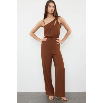 Afbeelding van Trendyol Bruine Maxi Geweven Jumpsuit Met Enkele Schouder Twoss23Tu00190