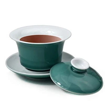 Afbeelding van Porselein Gaiwan 5oz/150ml Theekopje Wit Geglazuurd Theekop Tureen Chinese Sancai Cover Kom Deksel Schotel Set (Groen)