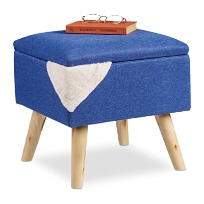 Afbeelding van Relaxdays poef met opbergruimte, overtrek van kunstlinnen, gepolsterd, hocker deksel, 40x40x40 cm, in het blauw