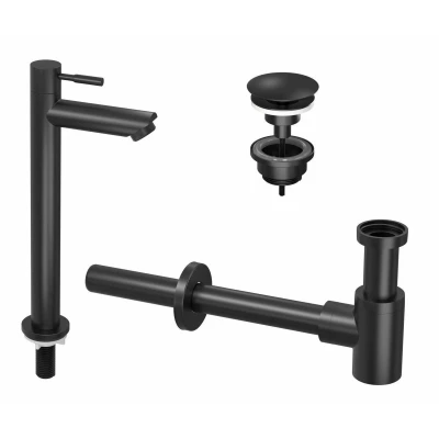 Afbeelding van INK 2A Fonteinkraanset staande Fonteinkraan hoog always open plug en design Sifon Mat Zwart Minimalistisch
