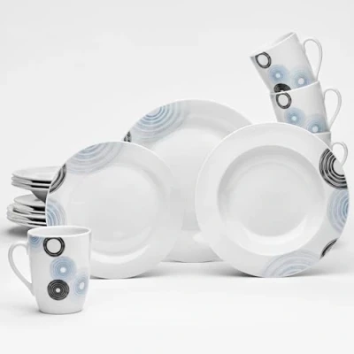 Afbeelding van van Well Lima Serviesset voor 4 personen, 16 delig, klassiek porseleinen combi servies in wit, ronde vorm, wit met spiraalvormige cirkels blauw en zwart