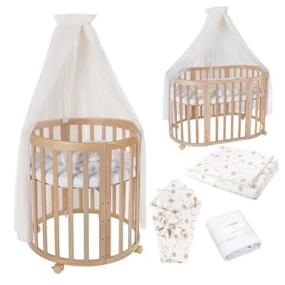 Afbeelding van Waldin Ovale Babybedset 7in1 Babybedje met Matras, Commode, Meegroeiwiegje, Houten Zijbed, Hout Natuurlijk, Stoffen Champagne Paardenbloem