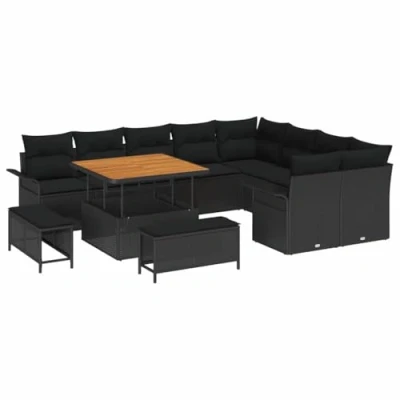 Afbeelding van vidaXL 12 delige tuinzetel set met kussens in zwart poly riet en acacia