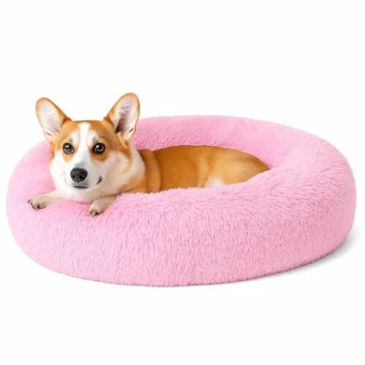 Afbeelding van Kalmerend kattenbed, donut pluizig pluche rond hondenbed, behaaglijk zacht wasbaar kussen, verwarmende bedden voor huisdieren, antislip onderkant, anti angst binnen om te slapen