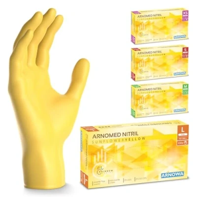 Afbeelding van ARNOMED wegwerphandschoenen geel, nitril handschoenen L, met 100 stuks per doos, poedervrij. Latexvrije rubber handschoenen, verkrijgbaar in XS, S, M, L