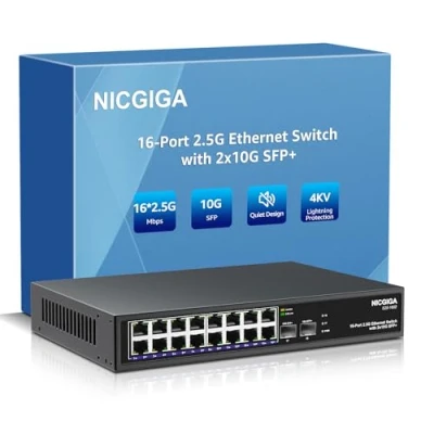 Afbeelding van 16 Port 2,5 G ➕ 2 10 SFP+ Ethernet Switch, NICGIGA 18 Gbit Netzwerk Switch unverwaltet, Plug &amp; Play, Desktop oder 19 Zoll Rack Montage, lüfterloses Metalldesign.