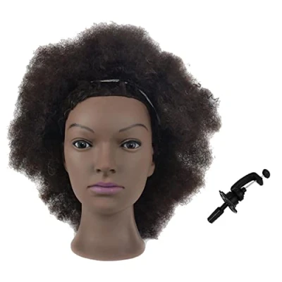 Afbeelding van Tcwuzick Afrikaanse Amerikaans opleidingshoofd met 100% echt haar, etalagepop, hoofd, cosmetica, afro manicurehoofd voor praktijk, styling vlechten