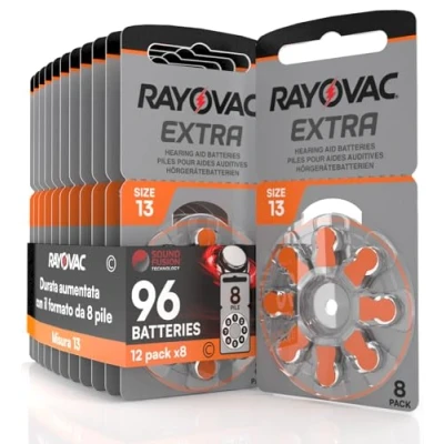 Afbeelding van 96 Hoortoestelbatterijen Rayovac Extra Advanced 13. 12 x 8 batterijen blisterverpakking