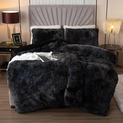 Afbeelding van EMME Pluche beddengoedset, 220 x 240 cm, flanel, wollig, dekbedovertrekset voor bed, shaggy en pluche, zachte dekbedovertrekken 1 kussensloop 80 cm (donkergrijs)