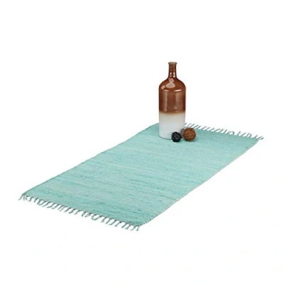 Afbeelding van Relaxdays vloerkleed met franjes, handgeweven, katoen, 70 x 140 cm, kleed voor woonkamer, hal, gang, lichtblauw
