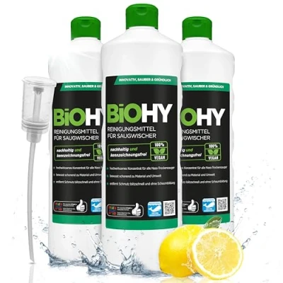 Afbeelding van BiOHY Reinigingsmiddel voor zuigwissers (3 x 1l Fles) + doseerder 1:200 concentraat alle nat droogzuigers ideaal tegels, PVC, parket, laminaat &amp; tapijt ecologisch (Saugwischer)