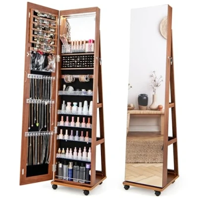Afbeelding van Costway Sieradenkast met wieltjes, spiegelkast, afsluitbaar ledlampen en verstelbare planken, staande spiegel, sieradenrek, full body voor kettingen, oorbellen, make up, bruin