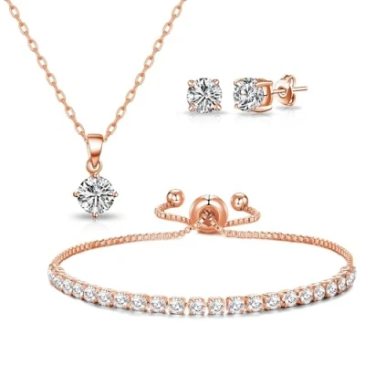 Afbeelding van Philip Jones Rosé vergulde solitaire vriendschapsset gemaakt met zirkondia® kristallen, kristal, Zirkonia