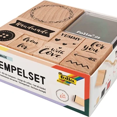 Afbeelding van folia 31107 houten stempelset, handgemaakt, inclusief 11 stempels en 2 stempelkussens, ideaal voor het versieren van kaarten, vriendschapsboeken, letters scrapbooking