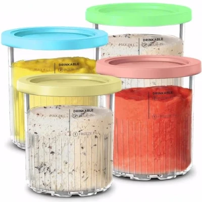 Afbeelding van JUOENLP Vervanging voor Ninja Creami Pints en deksel, 4 stuks, compatibel met NC501EU AMZ serie Deluxe ijsmachines, Pint houder lekvrije deksels, vaatwasmachinebestendig