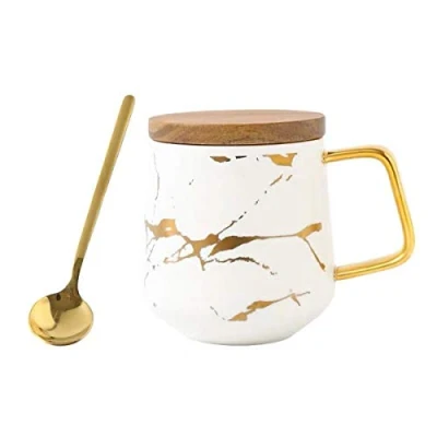 Afbeelding van Eplze YBK Tech porseleinen theekop koffiemok set voor middagthee marmeren patroon (wit, hoog 400 ml + houten deksel)