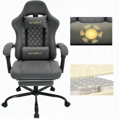 Afbeelding van WOLTU GS07gr Gamingstoel met massage, ergonomische bureaustoel, grote, gevoerde computerstoel lendenkussen, belasting 150 kg, technologische stof, grijs + geel