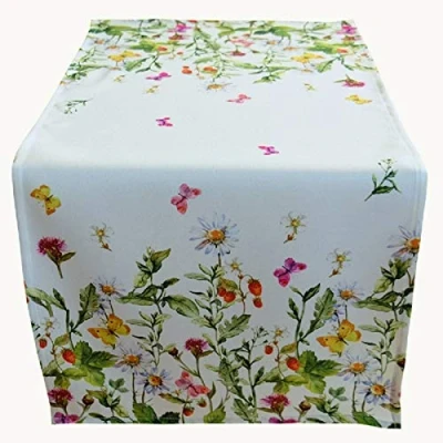 Afbeelding van Raebel Tafelloper 40 x 90 cm tafelkleed Pasen tafeldecoratie lente wit bont bloemen en vlinders