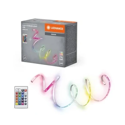 Afbeelding van LEDVANCE TV MOOD LED strip met USB, 4W, RGB kleurcontrole, flexibel en buigbaar, voor gebruik binnenshuis, zelfklevend, inclusief afstandsbediening, niet vervangbaar, eenvoudige installatie