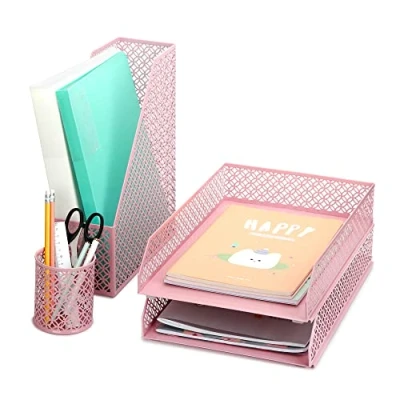 Afbeelding van Organizer 4 delig kantoorset/tafelblad metalen gaas Inclusief: A4 brievenbak x 1, tijdschriftenrek brievenhouder x1, pennenhouder 1 (lichtroze)