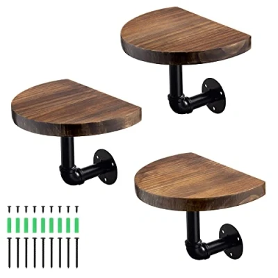 Afbeelding van Navaris wandplank Set van 3 Ronde Planken hout Met industriële pijp metaal om op te hangen aan de muur 20 x 15 2 cm