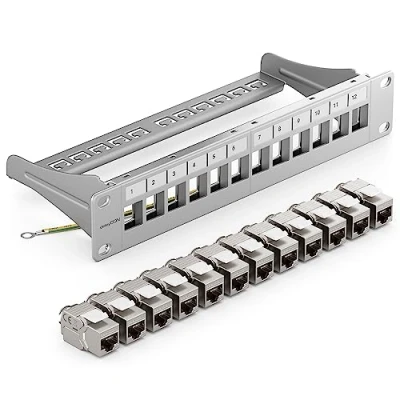 Afbeelding van deleyCON 12 Poorts CAT 7 Patchpaneel SET Distributie Paneel Modulair 1 U 10&quot; Inch Rekinstallatie + 12x Keystone Modules RJ45 LAN Netwerk 10 Gbit/s 600 MHz Installatiekabel Grijs