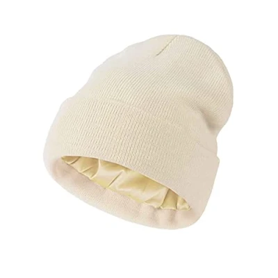 Afbeelding van TOEECY Dames beanie muts warme wintermuts met zacht satijn gevoerde slouchy stretchy gebreide beschermen kapsel fijn winddicht cuffed effen schedel hoed unisex, beige, One size