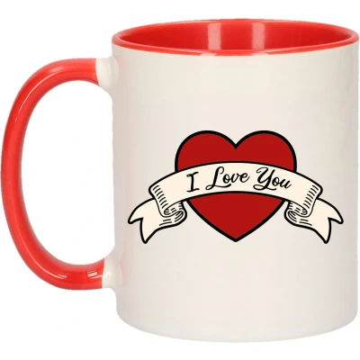 Afbeelding van I love you cadeau koffiemok / theebeker rood en wit met hartjes 300 ml feest mokken