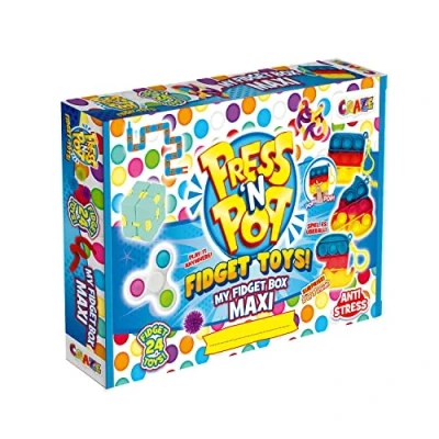 Afbeelding van CRAZE PressNPop Press N My Box Maxi 24 Toys Anti stress speelgoedset met Pop It sleutelhanger, Cube Fidget Spinner en nog veel meer 38147, prachtige kleurencombinaties