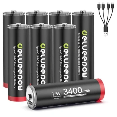 Afbeelding van Delyeepow USB C AA batterijen, lithium oplaadbaar, 1,5 V 3400 mWh oplaadbare batterijen met 4 in 1 oplaadkabel, uur snel opladen, 1500 cyclus, 8 stuks