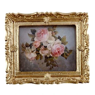 Afbeelding van Melody Jane Poppenhuis Miniatuur Bos Roze Rozen Schilderij Gouden Frame