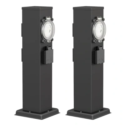 Afbeelding van ledscom.de 2 tuincontactdoos POLLY voor buiten, IP44, timer/timer, 3 voudig, roestvrij staal, zwart, vierkant, 38 cm