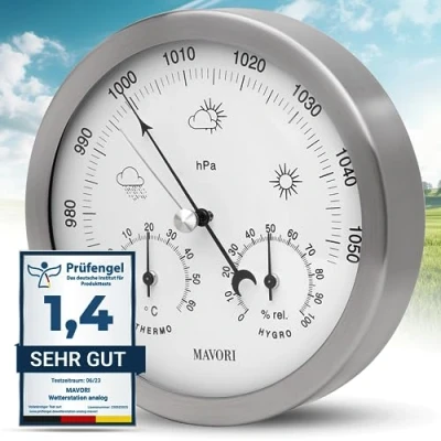 Afbeelding van MAVORI® Analoog Weerstation voor binnen en buiten met roestvrij stalen frame in een modern design samengesteld uit drie verschillende meetinstrumenten, barometer, hygrometer thermometer.