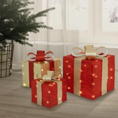 Afbeelding van ECD Germany Set van 3 LED geschenkdozen met 90 warm witte LED&#039;s, rood goud, draadframe, kerstdecoratie voor binnen, verlichte geschenkdoos op batterijen timer, kerst