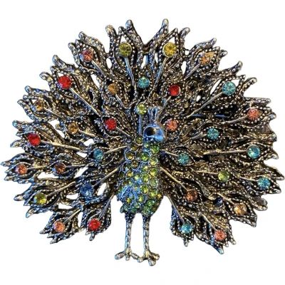Afbeelding van Broche Pauw Groen met Div kleuren ( Zilverkleurig ) 7 x 6.2 cm