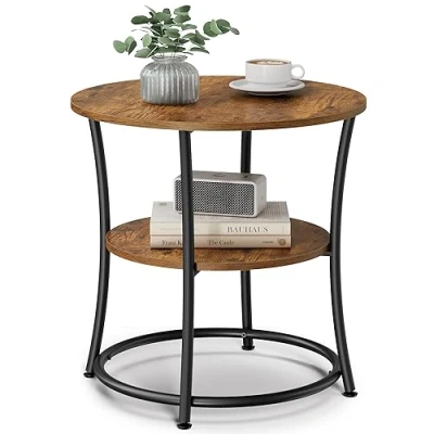 Afbeelding van VASAGLE bijzettafel rond, banktafel, 2 planken, woonkamer, slaapkamer, eenvoudige montage, metaal, industrieel ontwerp, vintage, donkerbruin LET56BX