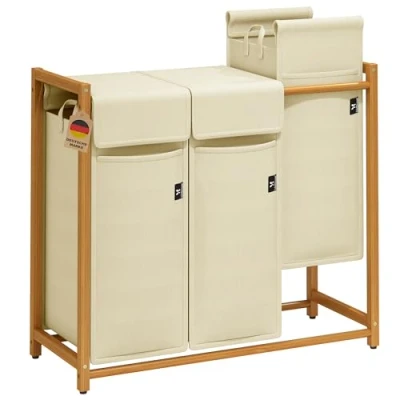 Afbeelding van AdelDream Wasmand, bamboe, wassorteerder, wasverzamelaar, 3 vakken, waswagen met afneembare waszak, wasbox, laundry mand, 150 l, beige