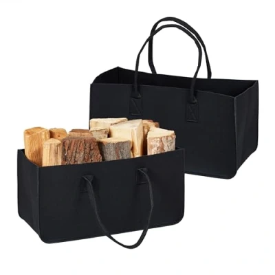Afbeelding van Relaxdays houtmand vilt set van 2 28 l zwart haardhout draagtras vilten mand