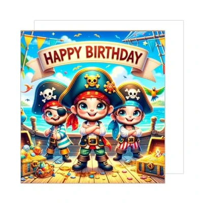 Afbeelding van Edition Seidel Premium vierkante verjaardagskaart met envelop. Wenskaart Happy Birthday bilet kaart voor jongens zoon kind kinderen piraten (GQ264 SW024)