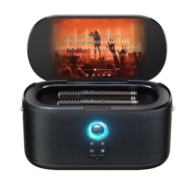 Afbeelding van Ikarao Slimme karaokemachine, ingebouwd 10,1 inch scherm songtekstweergave voor volwassenen en kinderen, 2 automatisch opladen draadloze microfoons, draagbaar Bluetooth luidspreker PA systeem met