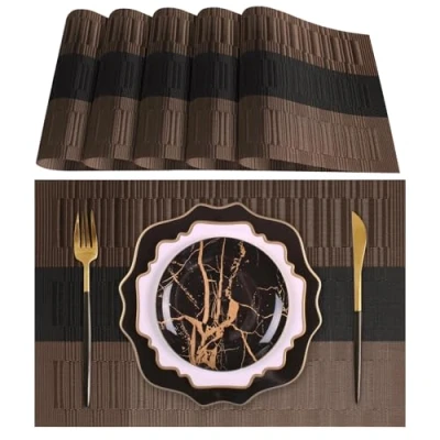 Afbeelding van Lumaca Wasbare Placemats, Set van 6 Ontbijtplacemats (70% PVC en 30% Polyester), Makkelijk Schoon te Maken, Antislip, Hittebestendig, Ideaal voor de Keukentafel, Bruin