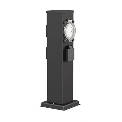 Afbeelding van ledscom.de Tuincontactdoos POLLY voor buiten, IP44, timer/timer, 3 voudig, roestvrij staal, kunststof, zwart, vierkant, 38 cm, tuincontactdoos, buitencontactdoos, buitencontactdoos zuil