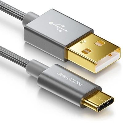 Afbeelding van deleyCON 0,5m USB C Kabel Oplaadkabel Datakabel Nylon + Metalen Stekker naar A Compatibel met Apple Samsung Google Huawei Xiaomi Tablet Laptop PC Grijs
