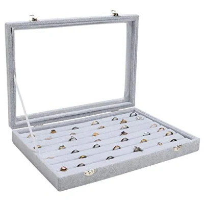 Afbeelding van Belle Vous Grijs Velours Ring Sieraden Opslag Display Doos Tray met 7 Gleuven en Deksel Vertoon Organizer Kast Houder Helder Transparant Glazen Deksels Voor Ringen, Oorbellen Cufflinks