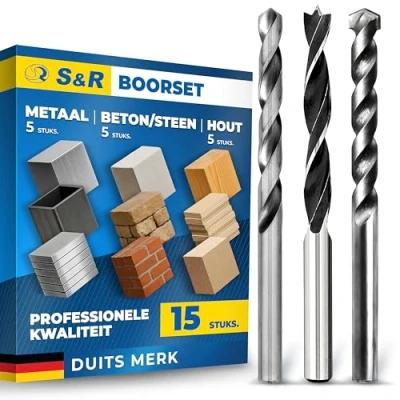 Afbeelding van S&amp;R boorset 15 stuks: 5x houtboor, metaalboor en betonboor elk in de maten: 3,4, 5, 6, 8 mm, kunststof doosje