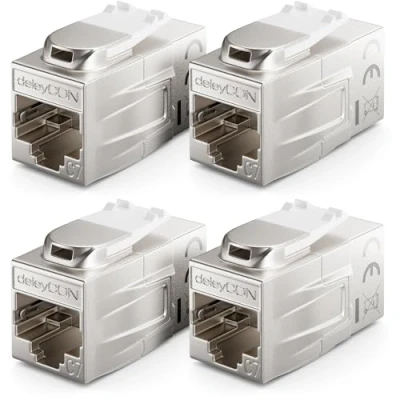 Afbeelding van deleyCON 4 Stuks CAT 7 Koppeling Keystone Metaal 2x RJ45 Connector Voor Patchkabel 600 MHz 10 Gbps LAN DSL Ethernet en te Gebruiken als Zilver