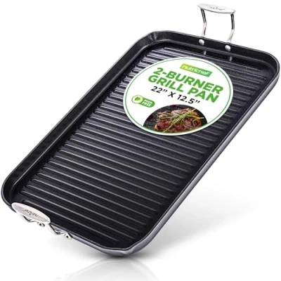 Afbeelding van NutriChef Grillpan voor op het Fornuis Ribbelpan Dubbele Branders Hard Geanodiseerd Antiaanbak Grill en Grillplaat