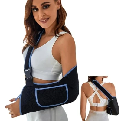 Afbeelding van XFSRG Armsjaal, elleboogbrace, armschliner, schouderriem, met opbergtas, spalk, rechterschouder, dames en heren, verstelbaar, elleboogbeschermer, tendinitis (blauw zwart, M)